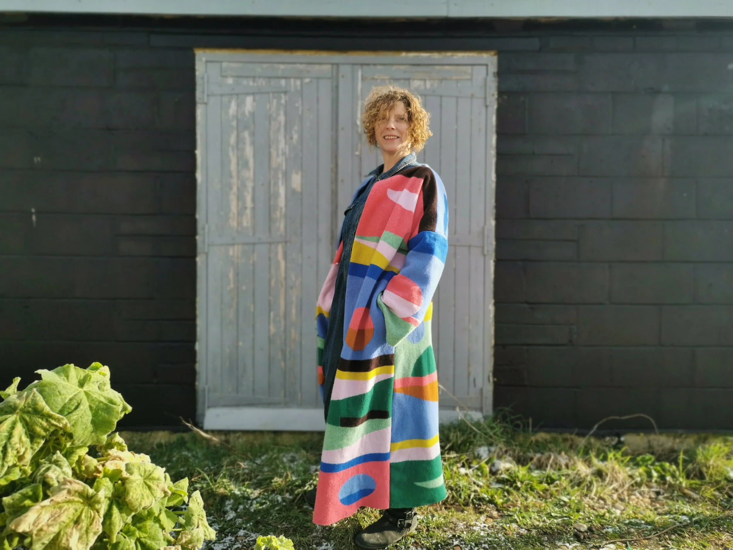 Long multi coloured joyful wool felt coat with pockets made for you to order ompompom